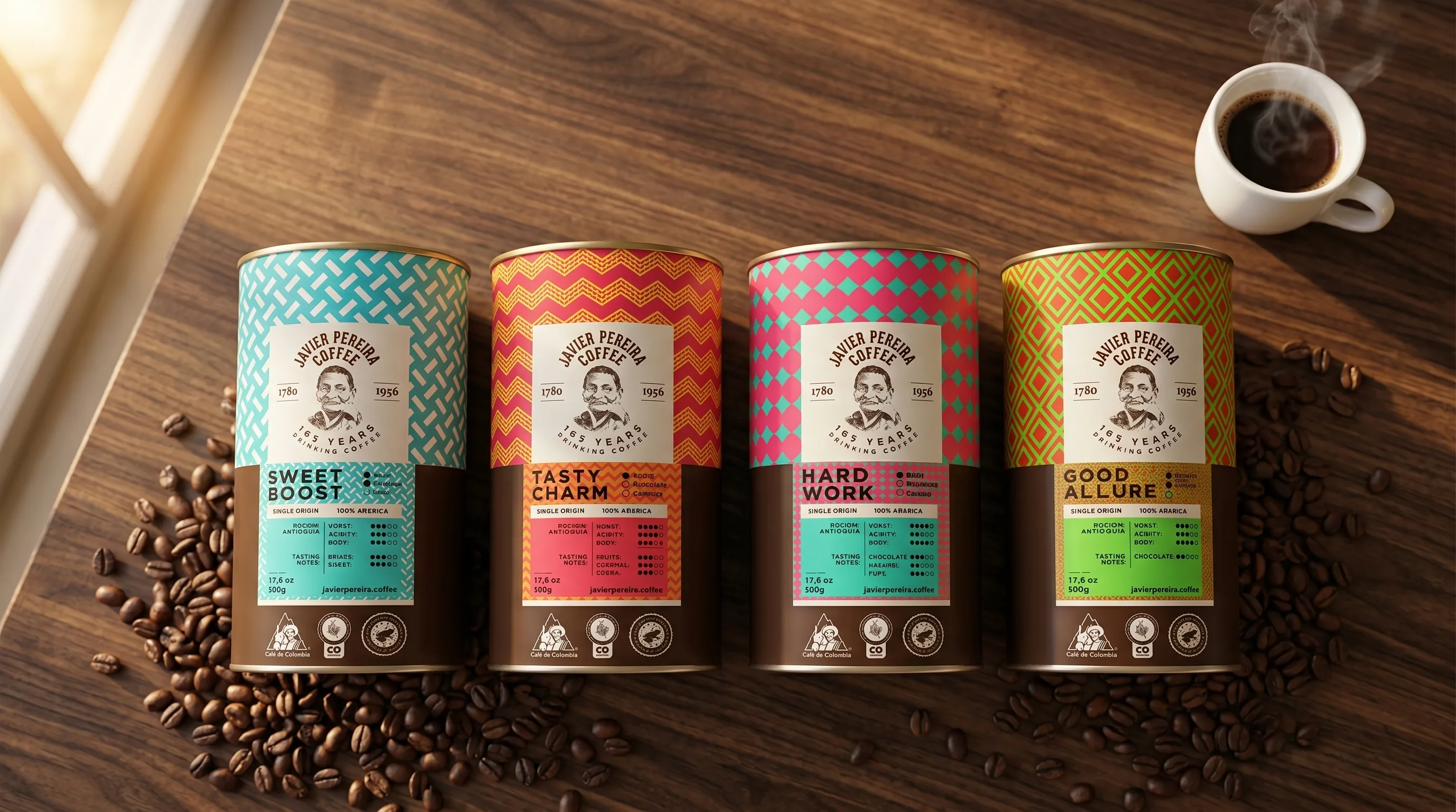 Four Javier Pereira coffees on a wooden table