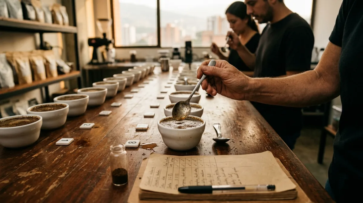 Specialty coffee cupping session in a lab