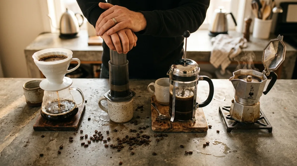 V60, AeroPress, French press and moka pot brewing methods