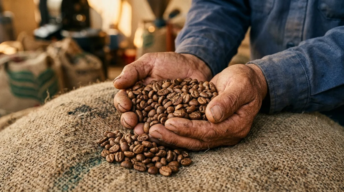 Hands holding whole arabica coffee beans
