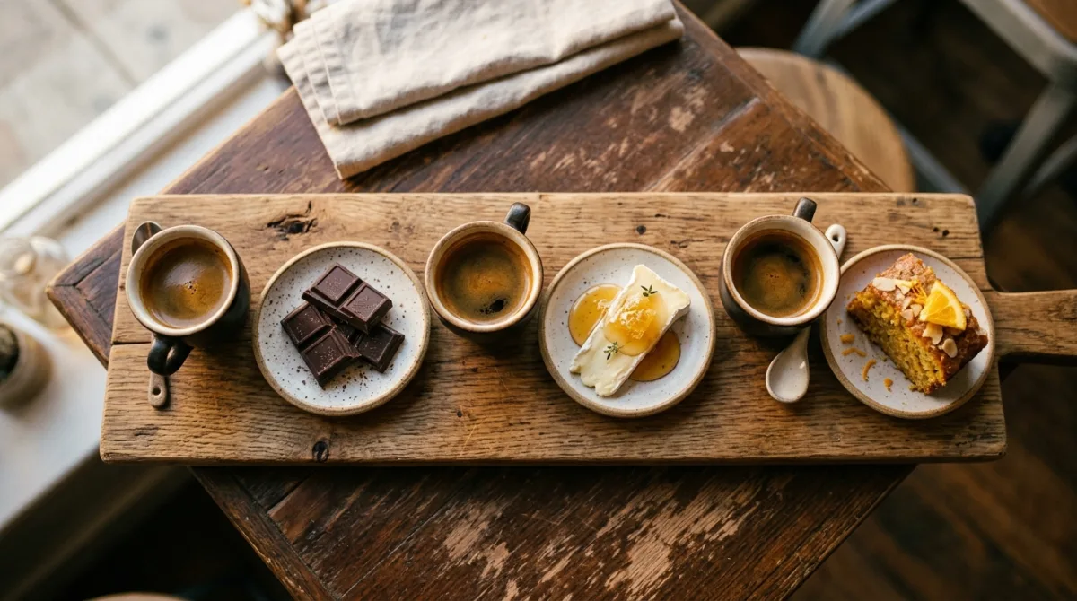 Coffee paired with chocolate, cheese and citrus cake
