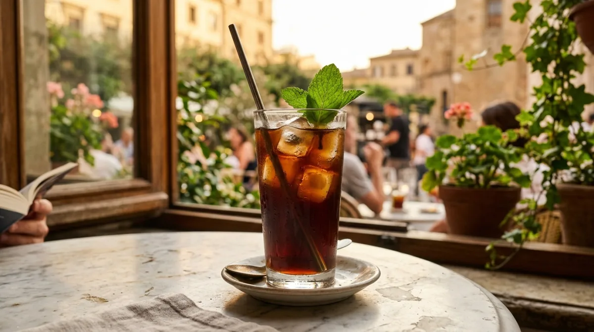 Tall glass of iced black Colombian coffee