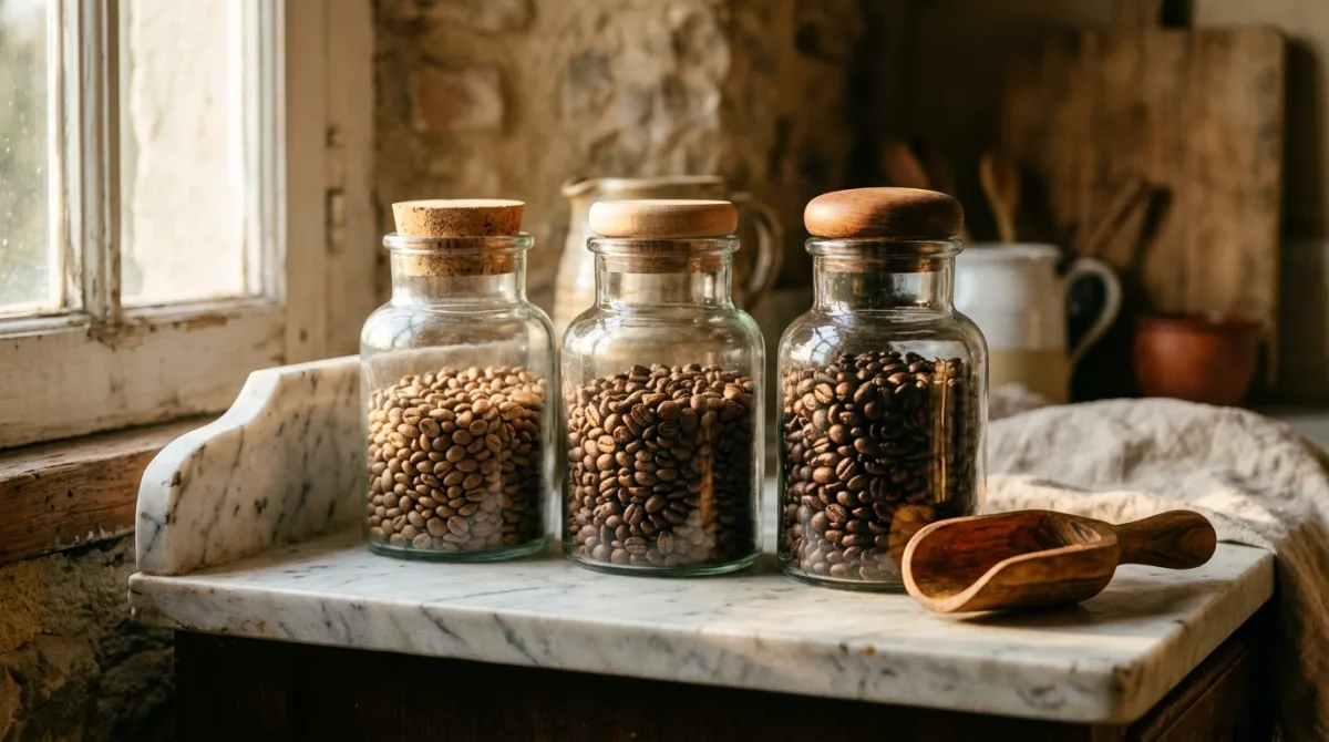 Storing whole coffee beans in airtight jars