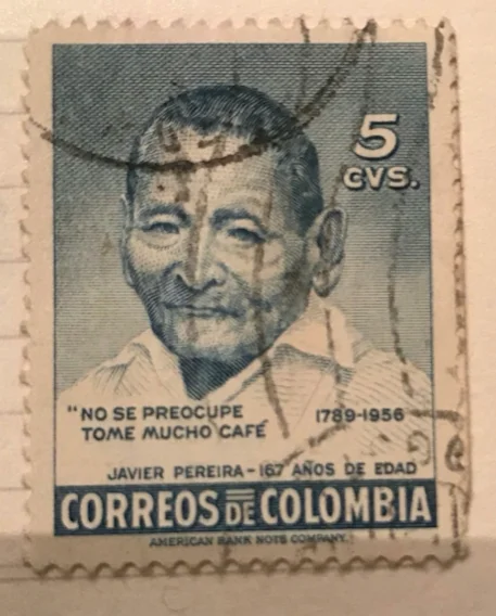 Colombian postage stamp honoring Javier Pereira, 167 years old